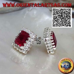 Silver lobe earrings with rectangular synthetic ruby surrounded by white zircons