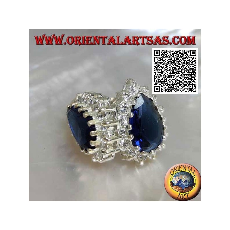 Orecchini in argento da lobo con zaffiro di sintesi a goccia contornato da zirconi bianchi