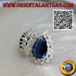 Boucles d'oreilles lobe en argent avec saphir en forme de larme synthétique entouré de zircons blancs