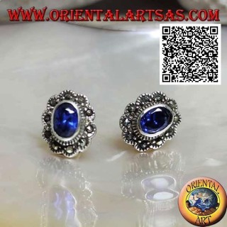 Silver lobe earrings with oval synthetic sapphire with marcasite cloud frame