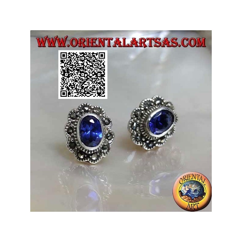 Boucles d'oreilles lobe en argent avec saphir synthétique ovale avec cadre nuage en marcassite