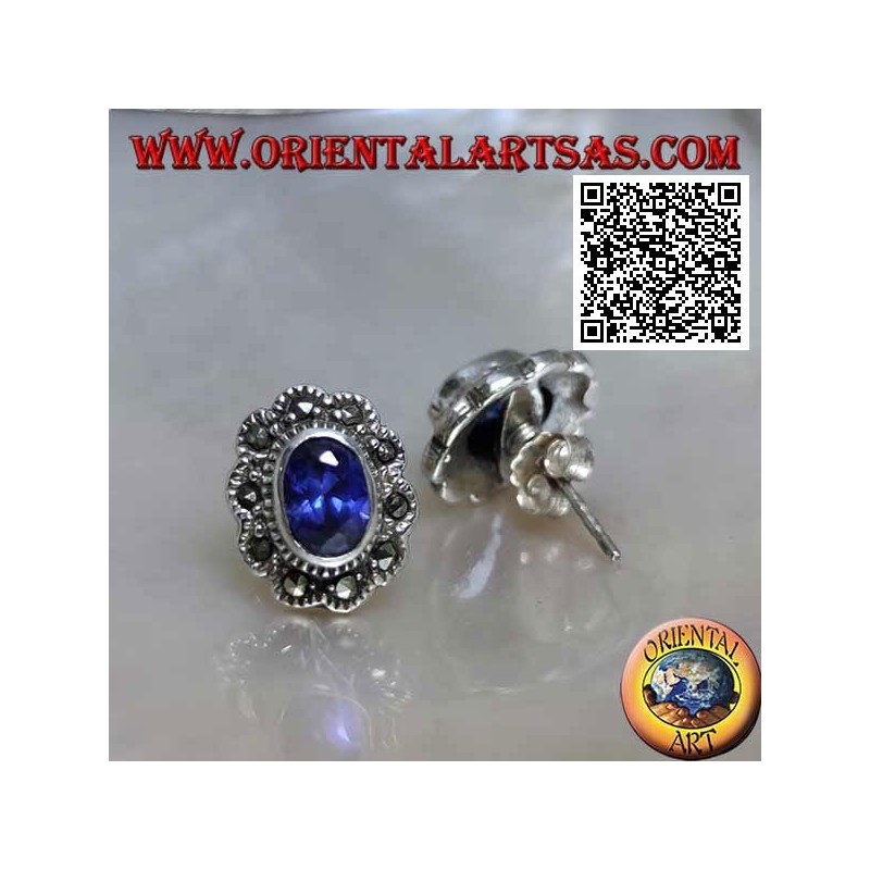 Silver lobe earrings with oval synthetic sapphire with marcasite cloud frame