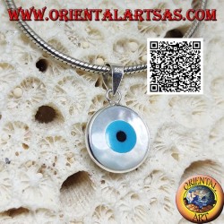 Silver pendant, double-sided blue Greek eye on round mother-of-pearl