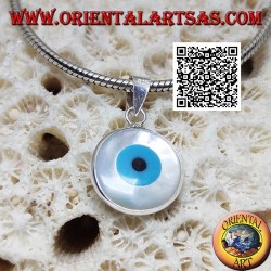 Pendentif en argent, oeil grec bleu recto verso sur nacre ronde