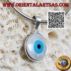 Colgante de plata, ojo griego azul de doble cara sobre nácar redondo