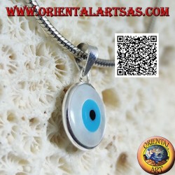 Silver pendant, double-sided blue Greek eye on round mother-of-pearl