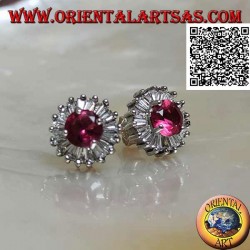 Silver lobe earrings with round synthetic ruby set surrounded by white zircons with baguette cuts