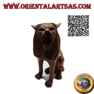 Escultura de un león sentado tallado a mano en un solo bloque de madera de suar de 25 cm