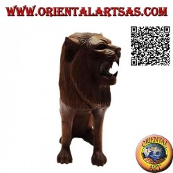 Escultura de un león sentado tallado a mano en un solo bloque de madera de suar de 25 cm