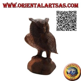 Sculpture of an eagle owl standing upright on its paws hand-carved in 21 cm suar wood