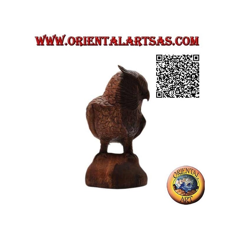 Sculpture of an eagle owl standing upright on its paws hand-carved in 21 cm suar wood