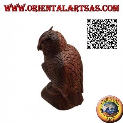Sculpture of an eagle owl standing upright on its paws hand-carved in 21 cm suar wood