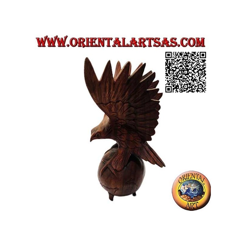 Golden eagle sculpture with spread wings standing on the world in 33 cm suar wood