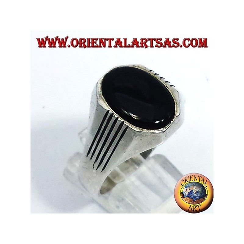 anillo de plata con líneas, ónix oval