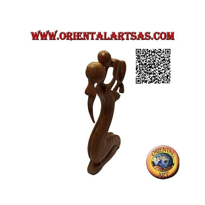 Sculpture of a mother who lifts to the sky and kisses her child in 40 cm suar wood