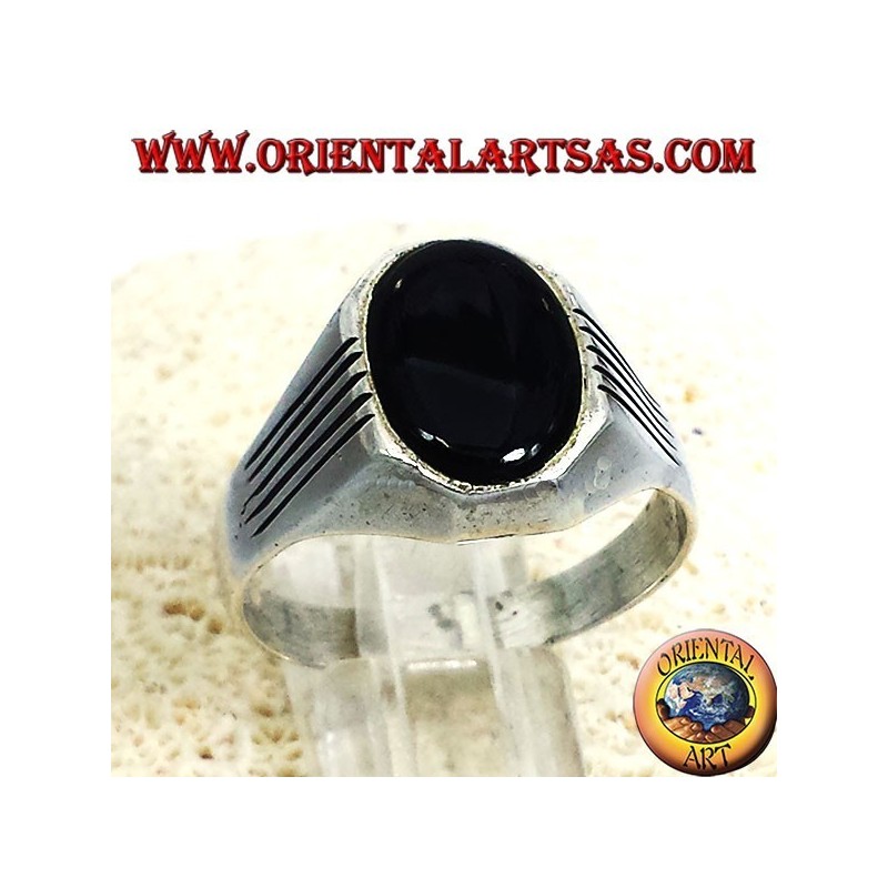 ring with silver lines, Onyx Oval