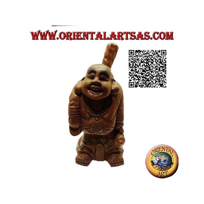 Sculpture du moine bouddhiste Budai ou Hotei (Bouddha d'abondance et protecteur des faibles) en bois de teck de 32 cm