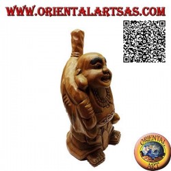 Skulptur des buddhistischen Mönchs Budai oder Hotei (Buddha des Überflusses und Beschützer der Schwachen) aus 32 cm Teakholz