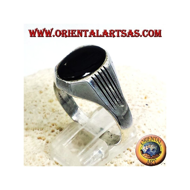 ring with silver lines, Onyx Oval