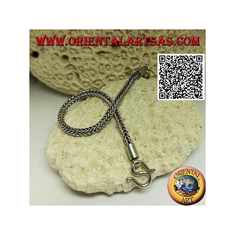 Armband aus indonesischem Schlangensilber mit quadratischem Querschnitt und glattem Haken von 19,5 cm x 3,5 mm