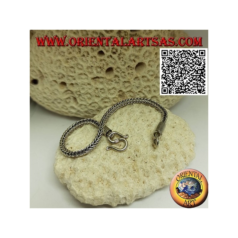 Square section Indonesian snake silver bracelet with 19.5cm x 3.5mm smooth hook