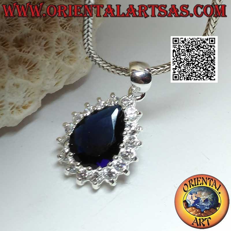 Pendentif en argent avec saphir en forme de larme synthétique entouré de zircons blancs