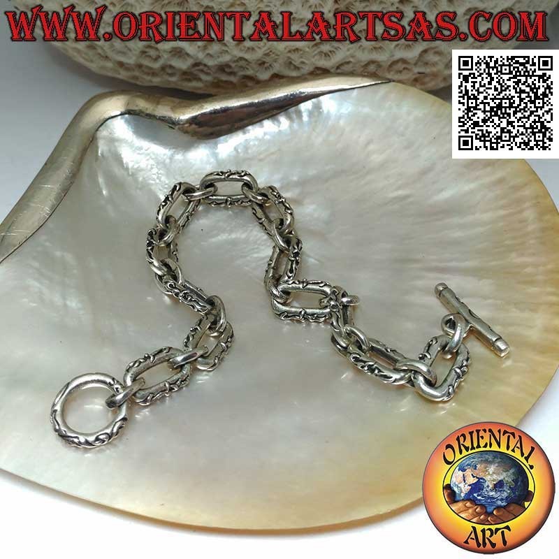 Pulsera de cadena de plata con anillos ovalados con adornos en relieve de 22,5 cm x 9 mm