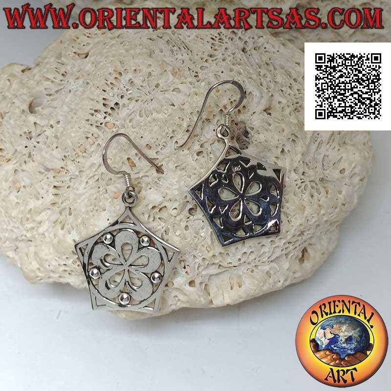 Silver pendant earrings with smooth five-petaled flower in the circle and pentagon