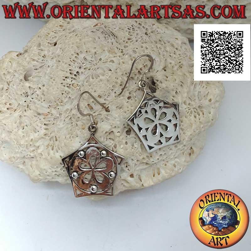 Silver pendant earrings with smooth five-petaled flower in the circle and pentagon