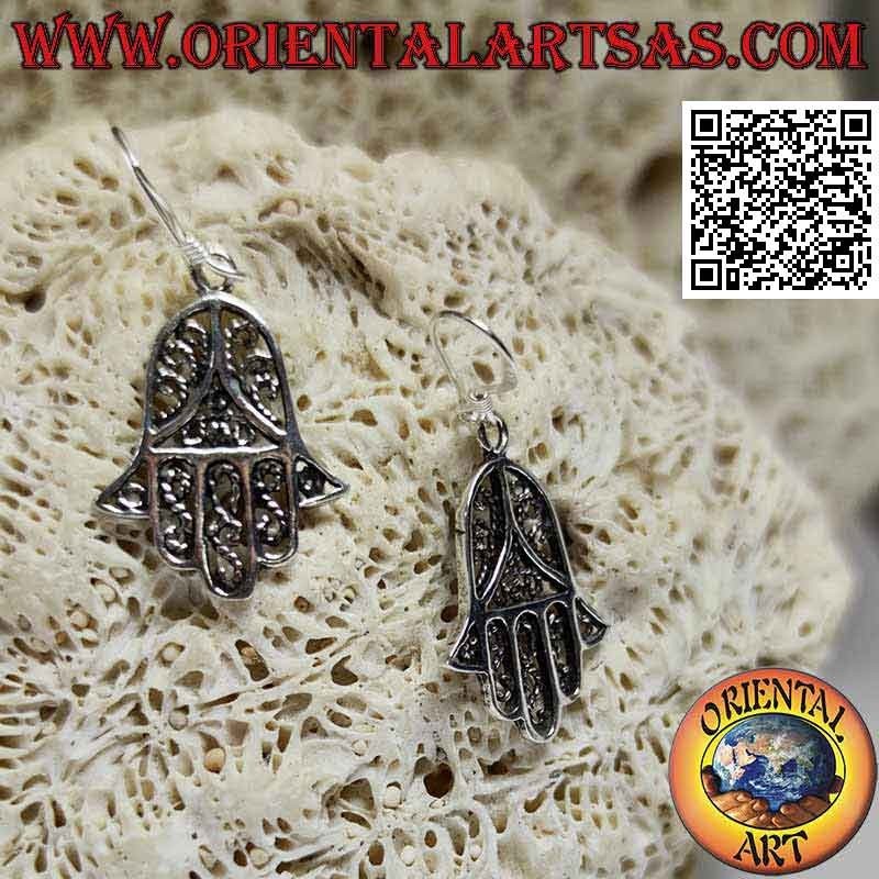 Silver earrings with hand of Fatima pendant with openwork
