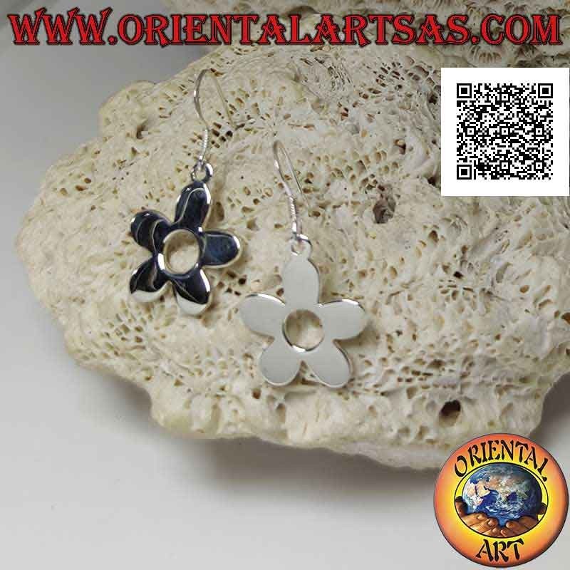 Silver pendant earrings with smooth five-petal flower and perforated in the center