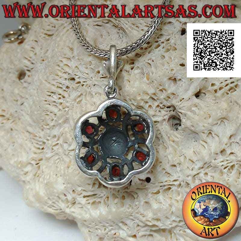 Silver pendant with hexagonal dome studded with marcasite with six natural garnets set