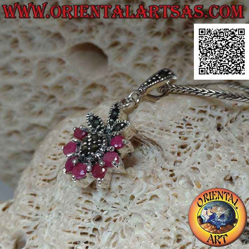 Silver pendant, flower of six natural rubies set in a semicircle and petals and center of marcasite