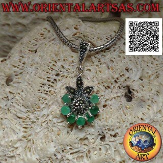 Silver pendant, flower of six natural emeralds set in a semicircle and petals and center of marcasite