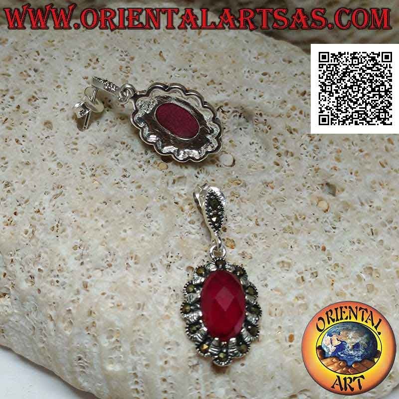 Boucles d'oreilles en argent avec cabochon ovale synthétique losange rubis synthétique sertis de marcassite