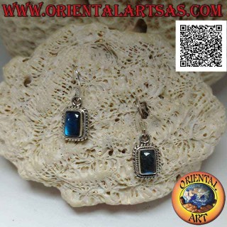 Silver earrings with rectangular Labradorite with blue fluorescence surrounded by interweaving