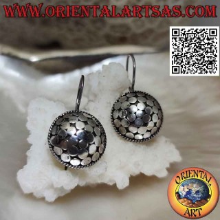 Silver pendant earrings with convex shield with smooth circles