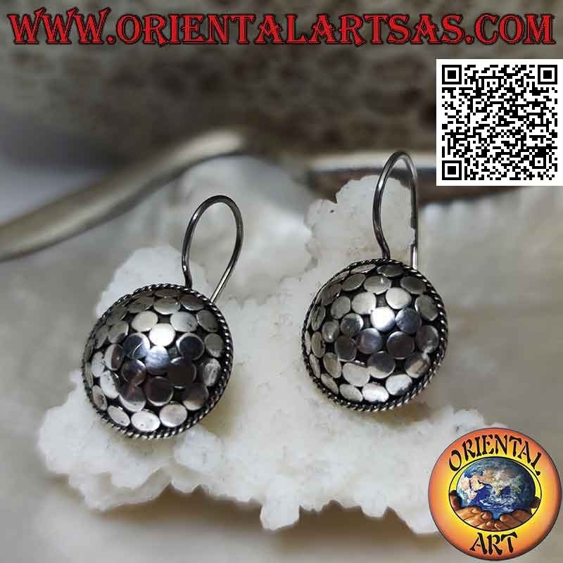 Silver pendant earrings with convex shield with smooth circles