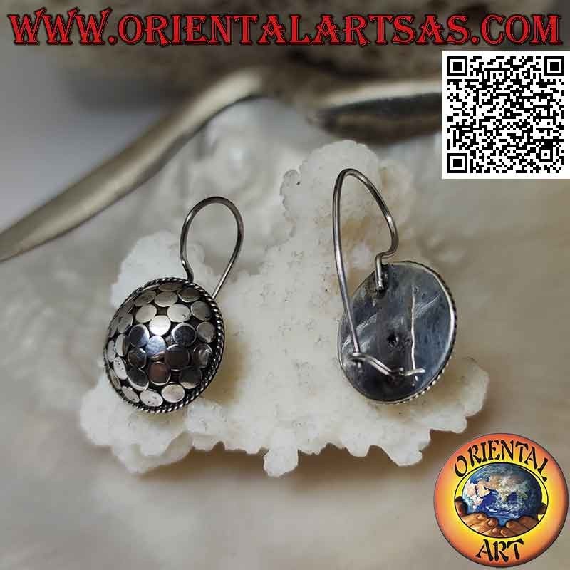 Silver pendant earrings with convex shield with smooth circles