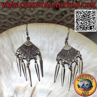 Silver leverback earrings with decorated ethnic fan and pendants