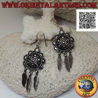 Silver earrings with relief chiselled shield and hanging feathers
