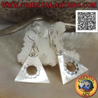 Silver earrings with triangular mother-of-pearl plate with central hole and silver decorations