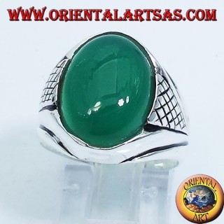 Bague en argent avec vert agate cabochon ovale