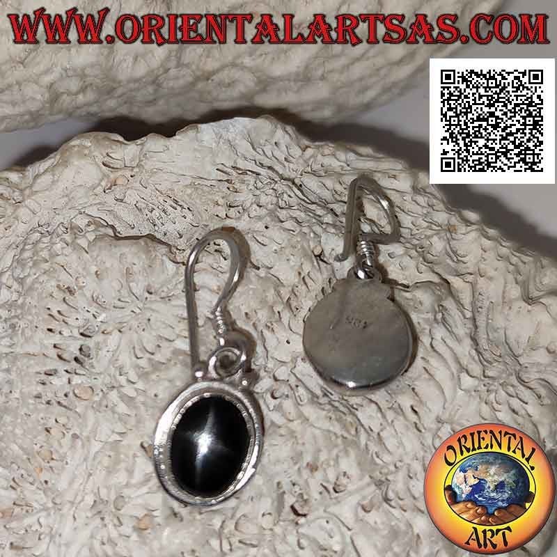 Silver earrings with cabochon oval Black Star (star diopside) and smooth protruding edge
