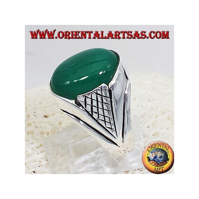 silver ring with green agate cabochon oval