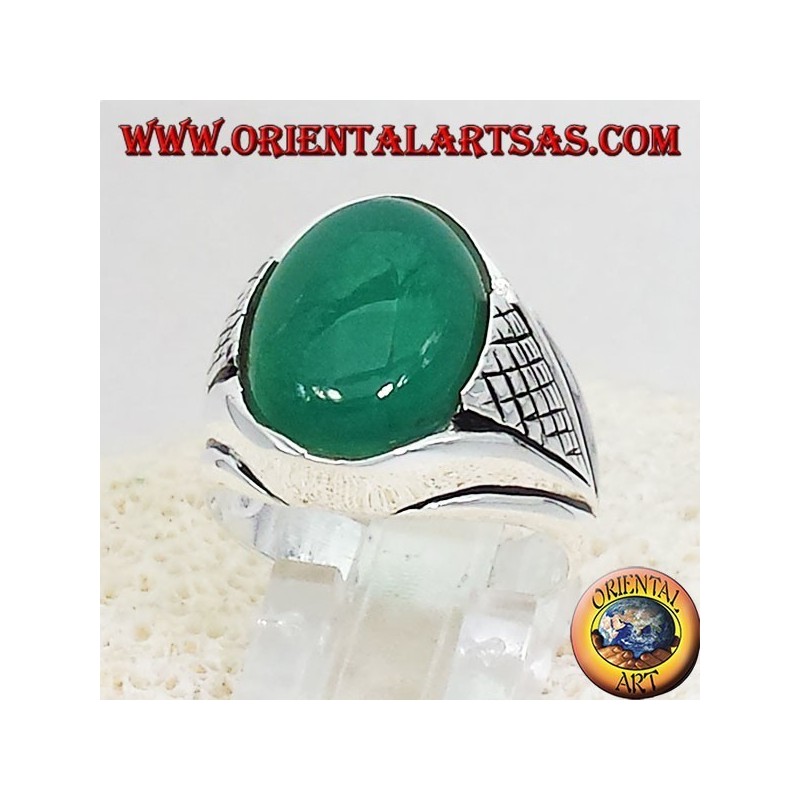 Bague en argent avec vert agate cabochon ovale