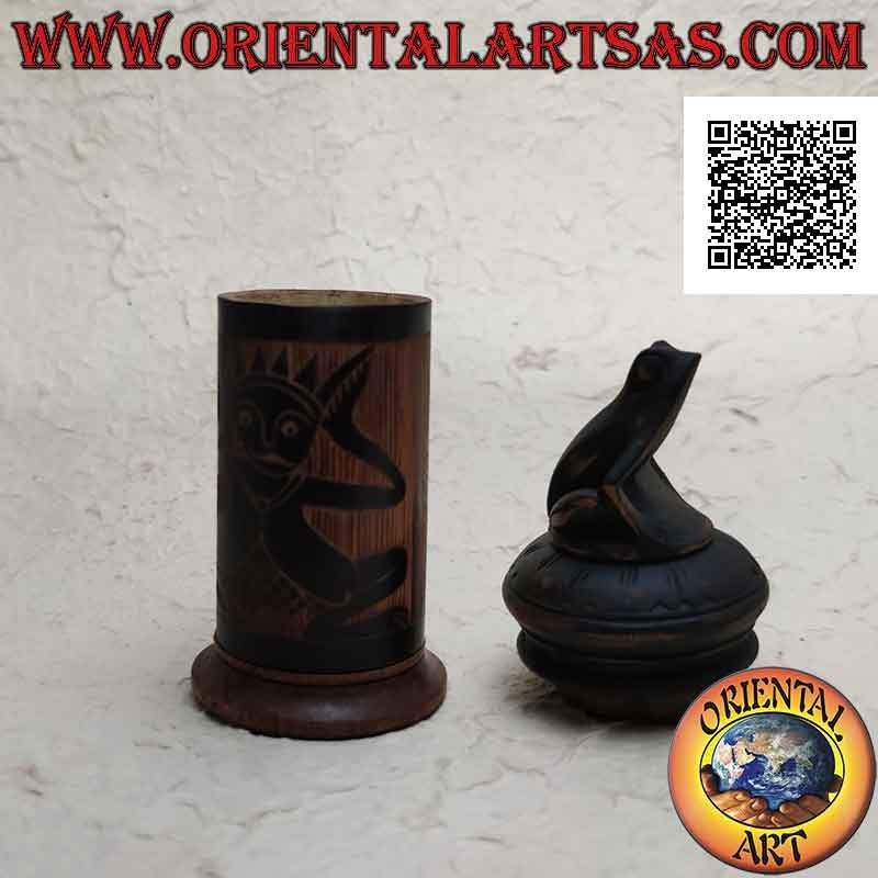 Boîte à bijoux cylindrique avec gravures aborigènes en bambou et grenouille assise en bois d'acajou