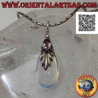 Silver drop pendant with sea opal, oval amethyst and embossed decorations