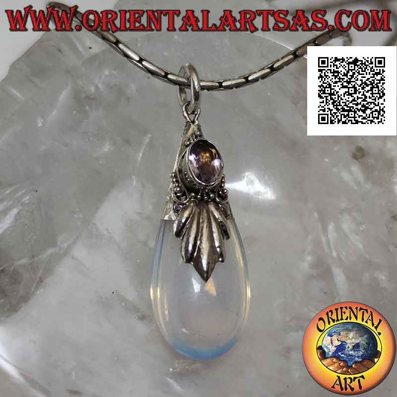 Silver drop pendant with sea opal, oval amethyst and embossed decorations
