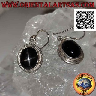 Silver earrings with cabochon oval Black Star (star diopside) and double smooth protruding edge